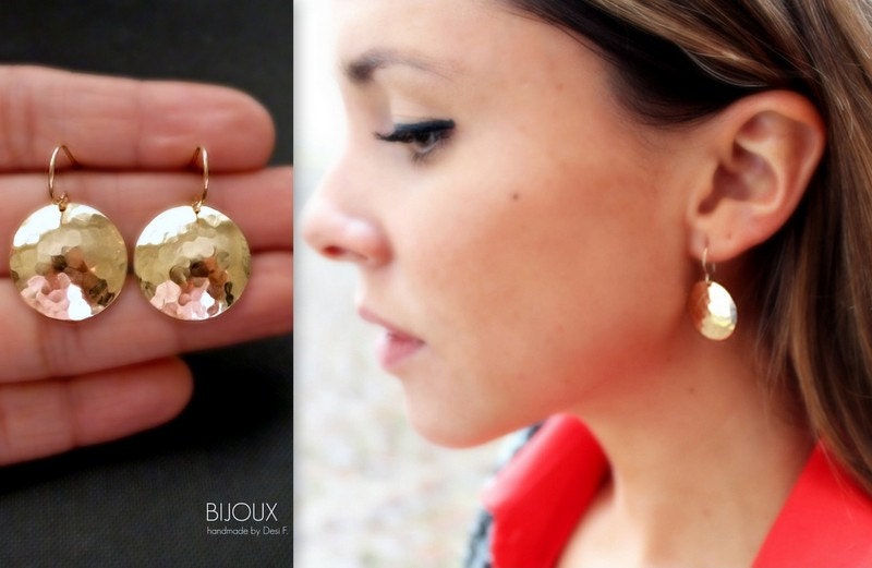 Gold Disc Earrings - Hammered Disc Earrings- 14K Goldfilled