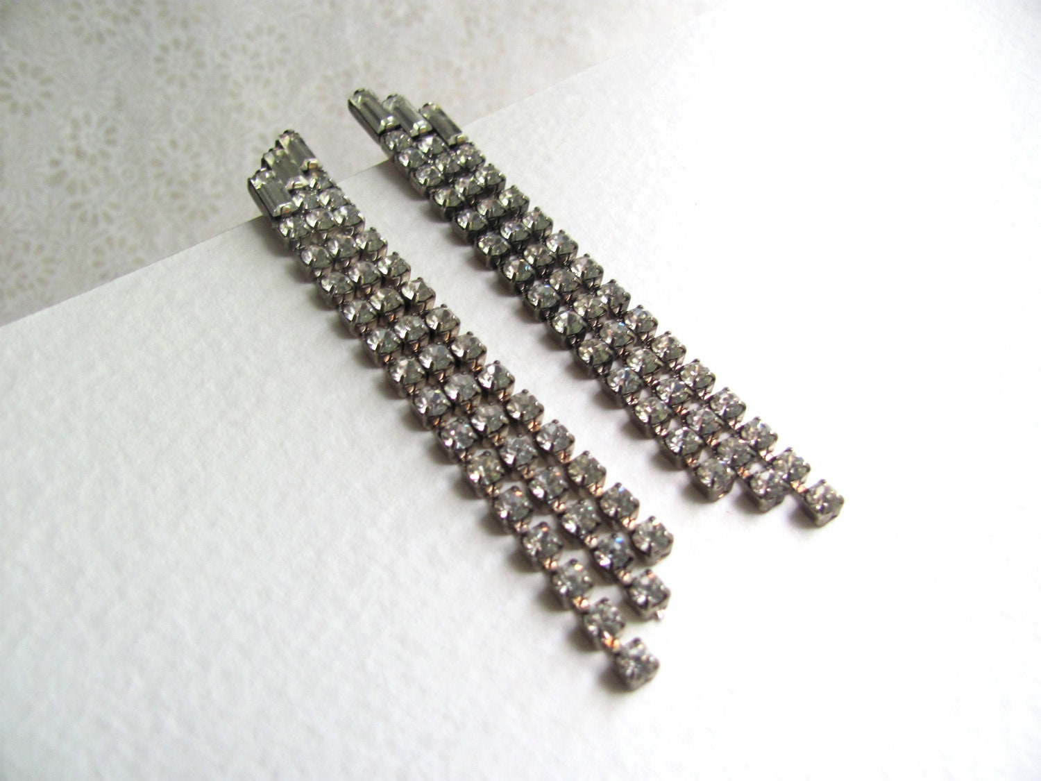 Stunning art deco rhinestone drop earrings, cascading waterfall, post back
