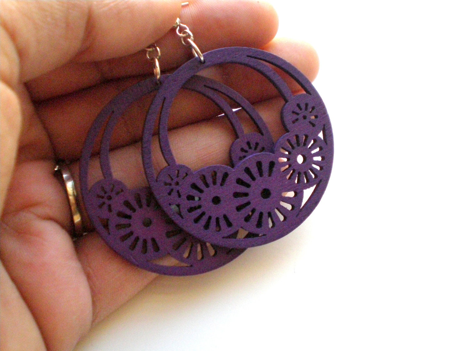 Purple Wooden Wheel Filigree Earrings