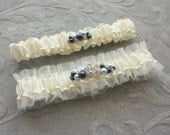 Ivory Silk Wedding Garter SET with Crystals and Blue Pearls - the Stella Bridal Garter, plus Toss Garter - your something blue