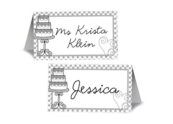 12 Blank Table Tent Place Cards, Bridal Shower, Wedding, Polka Dots, Grey, Wedding Cake Il_570xn