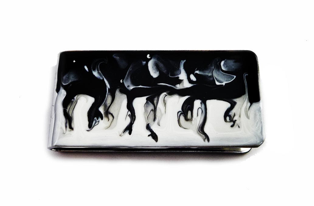 Metal Money Clip Hand painted Black and White Quartz Inspired Moneyclip with a Glossy Enamel Finish