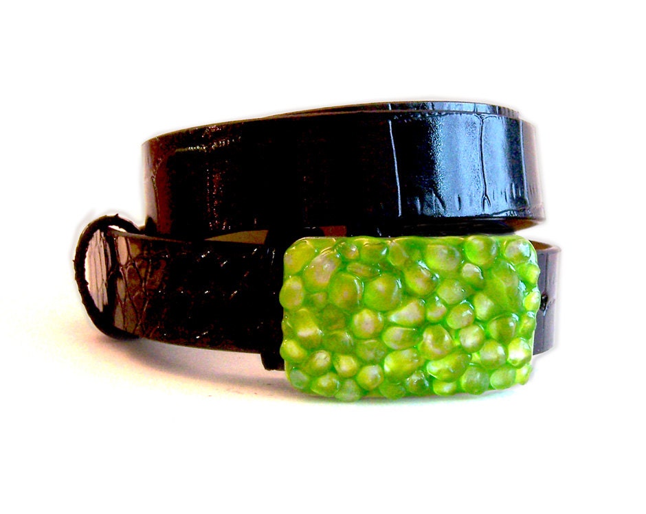 Military Style Petite Rectangle Belt Buckle Lime Green with Recycled Glass Embellished Glossy Enamel Finish