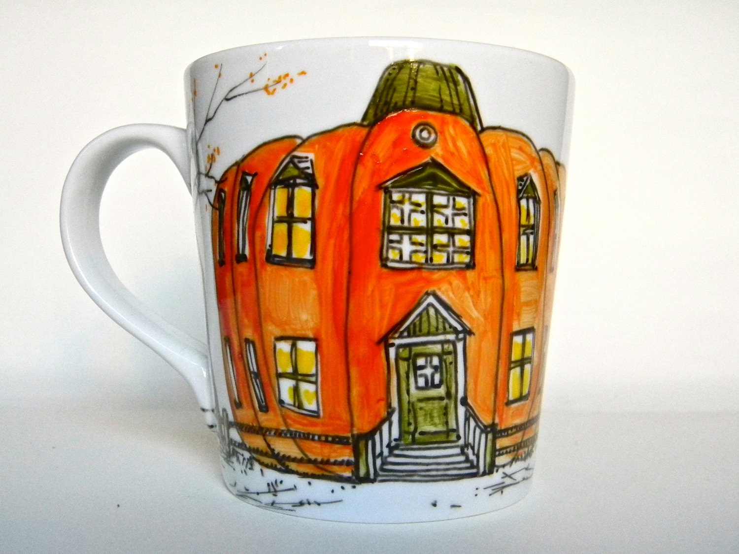 Hand Painted Mug  - Pumpkin House - 16 oz