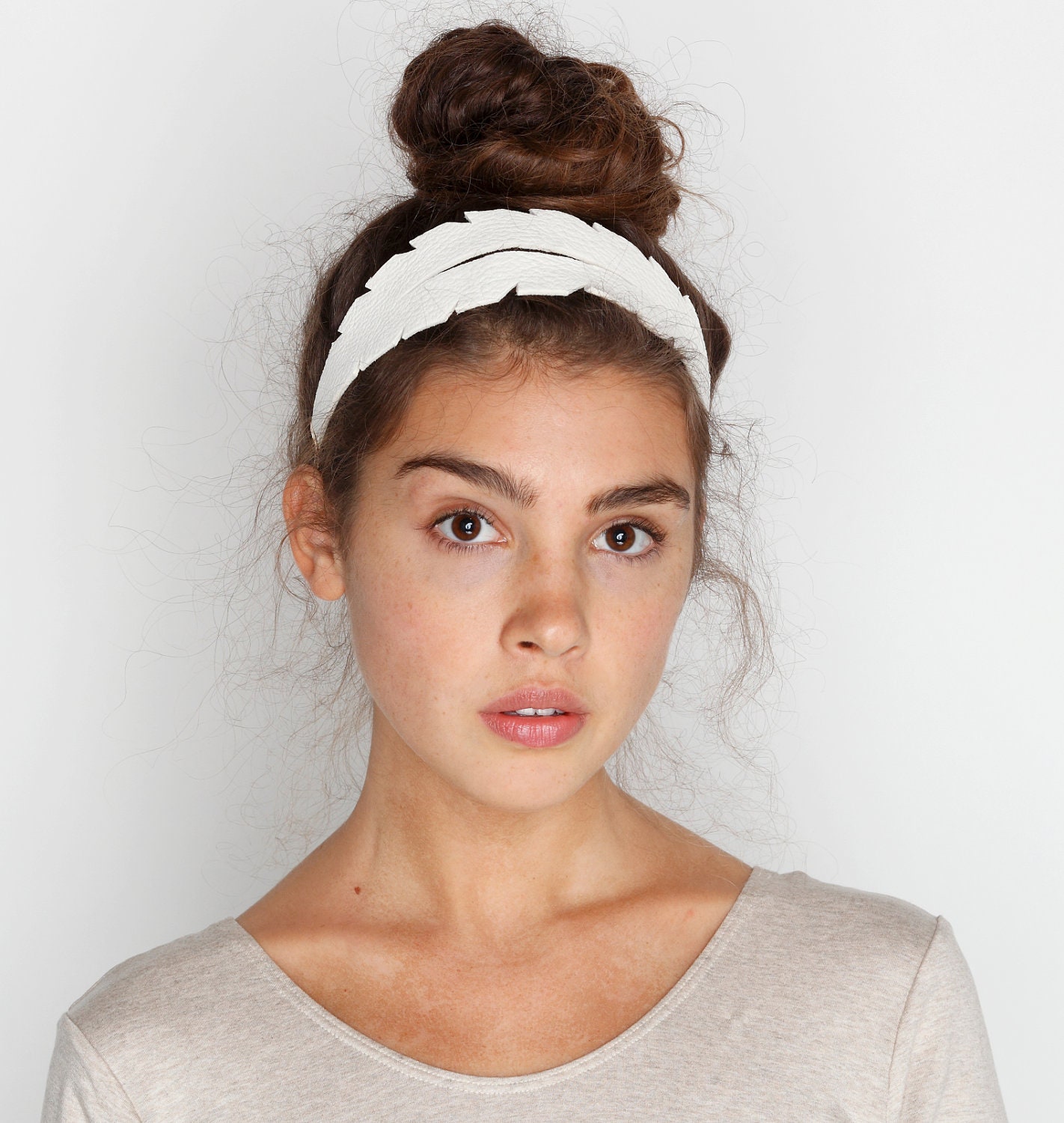Feather Leather Headband in White