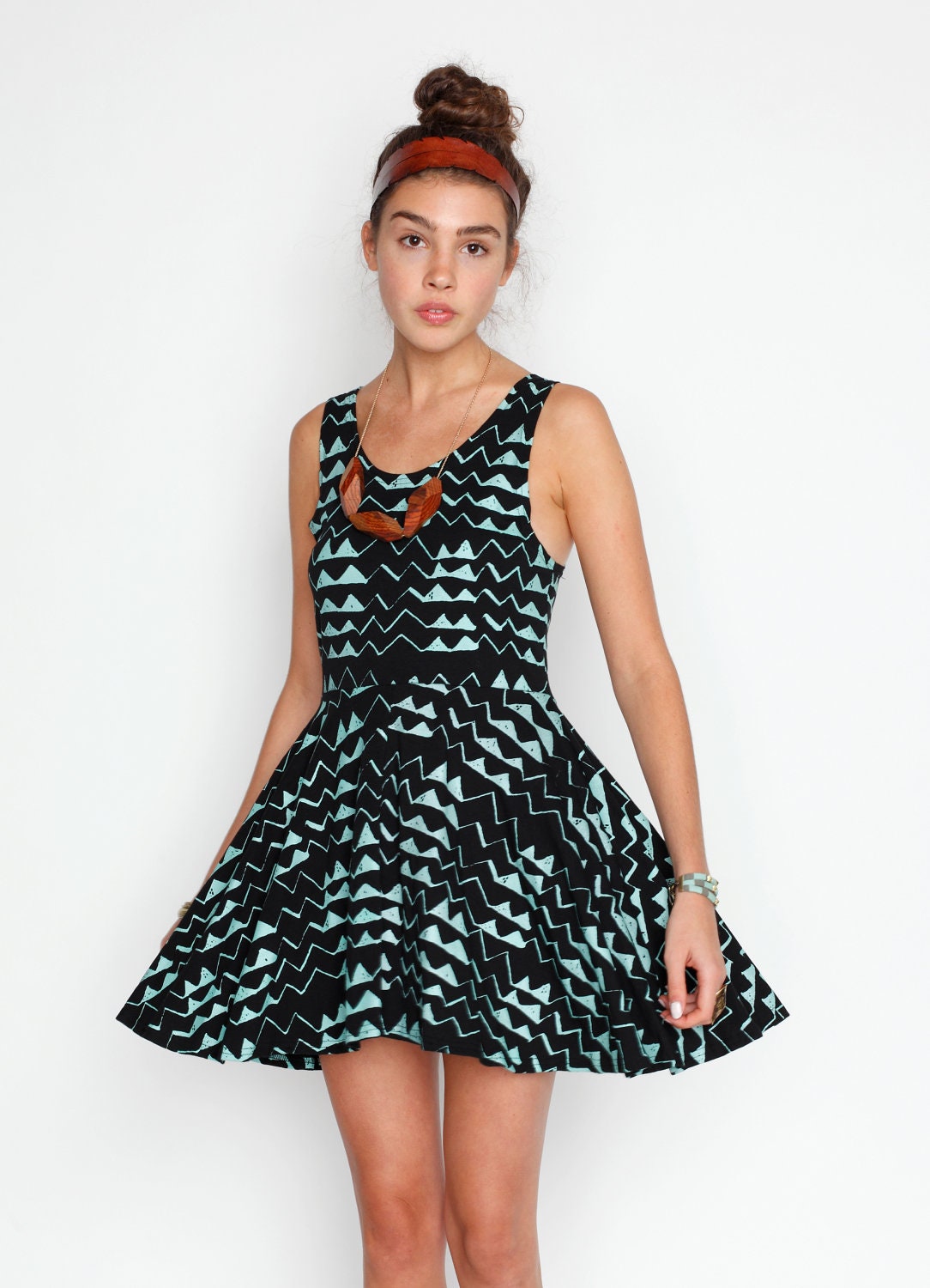 Hand Printed 'Mountain' Print Twirling Dress in Mint on Black