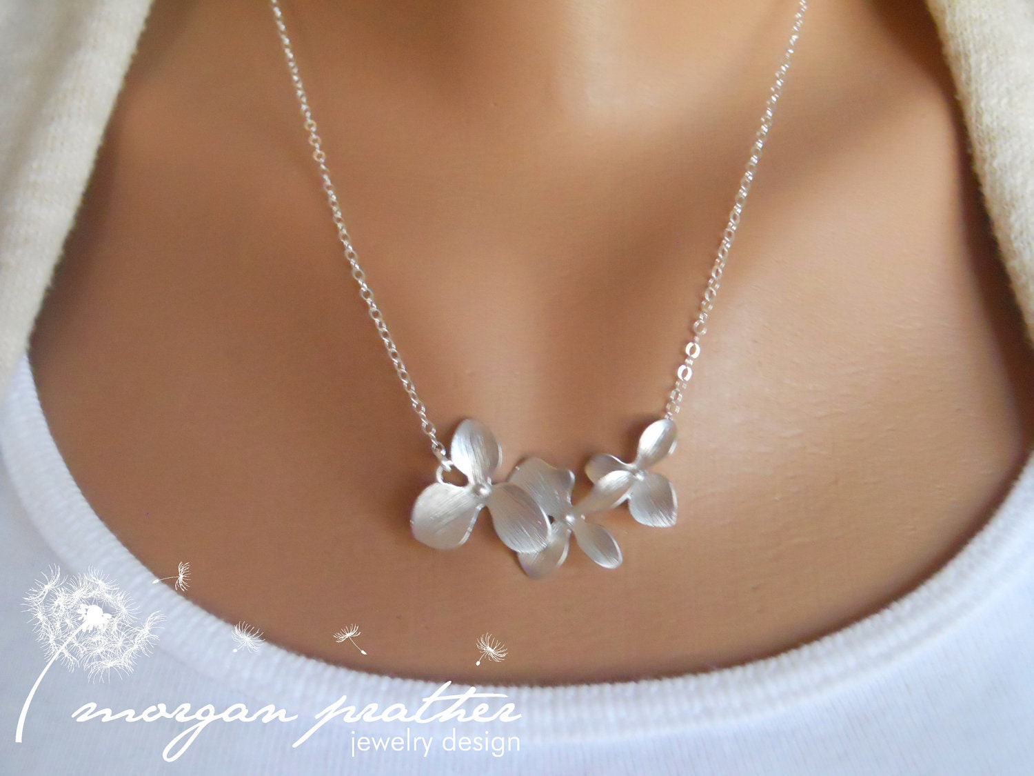 Triple Orchid Necklace in Silver - Perfect Gift - Dainty Flower Pendant Suspended on Sterling Silver Chain - morganprather