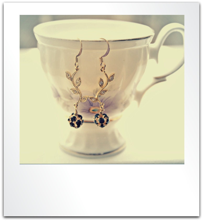 Swarovski Detailed 16k Gold Plated Branch Connector, 16k Gold Plated, Black Stone Ball Bead Earrings
