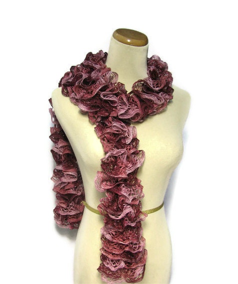 Hand Knit Ruffled Scarf - Red Mauve Garnet Pink