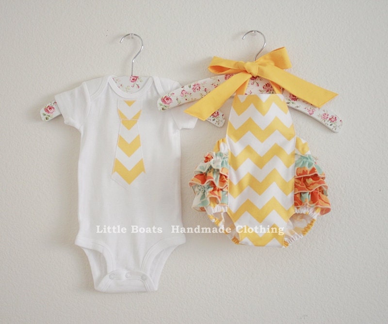 Brother / Sister SET ... Yellow/White Chevron sunsuit romper & Matching Neck Tie Applique Boys T-shirts or Onesie