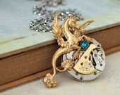 THE ANCIENT TIMES steampunk Pegasus with vintage watch movement necklacewith Swarovski zircon color rhinestone on steel chain