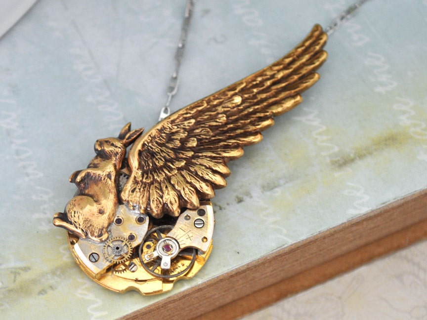 ONCE Upon A TIME In WONDERLAND fairy tale inspired steampunk vintage pocket watch movement  necklace with rabbit and wing