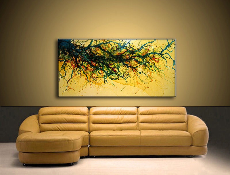 Original Abstract painting, Yellow Brown Green Vine landscape Contemporary, Modern Abstract Fine art By Henry Parsinia Large 48x24