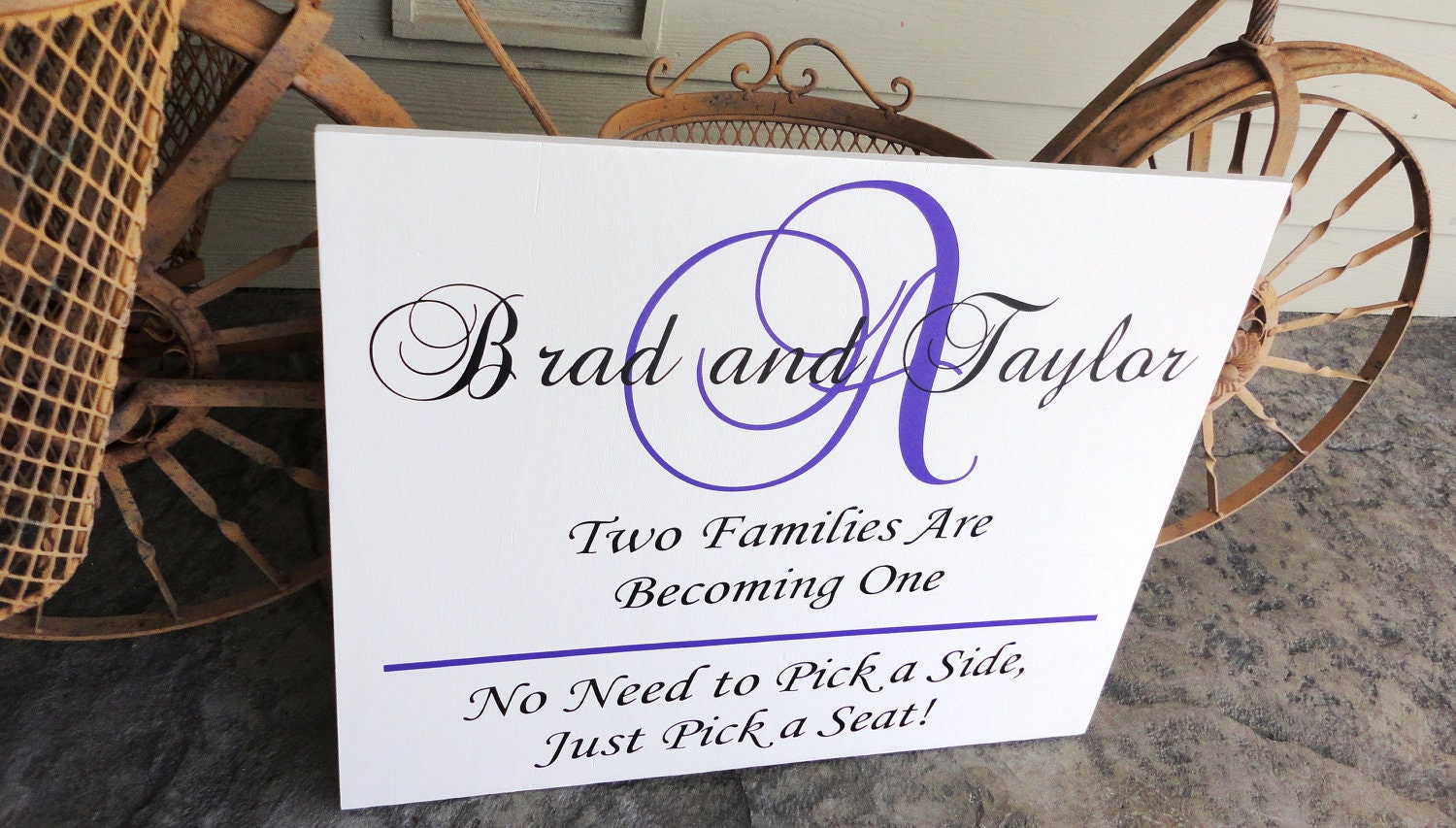 Wedding Sign with Monogram, Bride and Groom Names & Two families are becoming one, Pick a Seat not a side.  18 X 18 inches. Seating Sign.