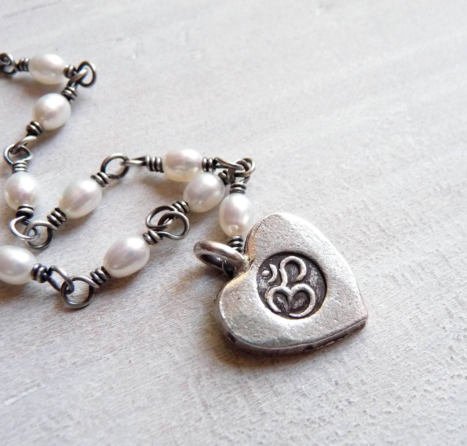Om Necklace, Ohm Heart and Freshwater Pearl Necklace, Yoga Jewelry, Sterling Silver Yoga Charm Necklace