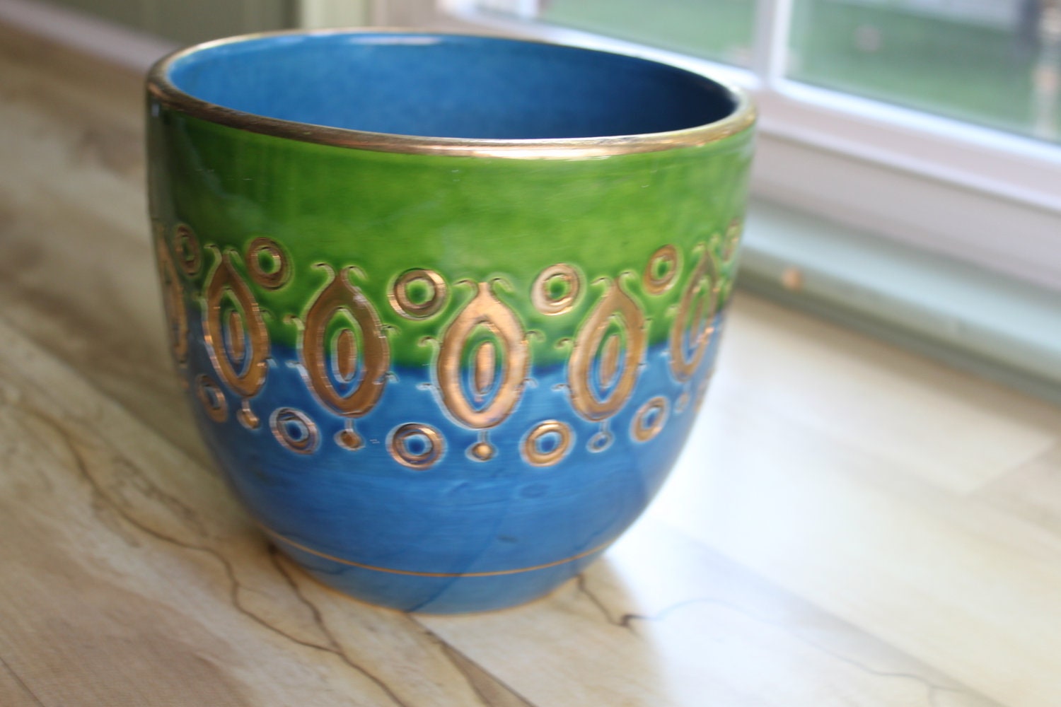 Rosenthal Netter Planter or tall Bowl - Mid Century Modern - Blue and Green and Gold