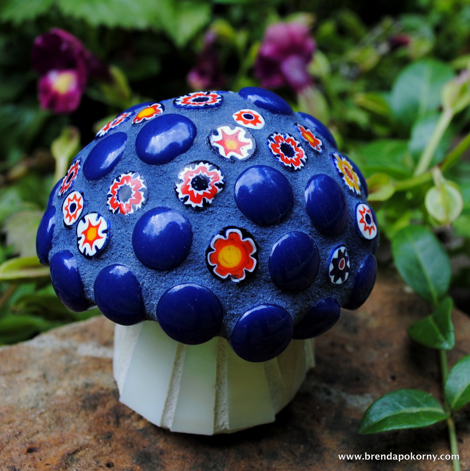Tiny Navy Blue and Millefiori Cap Mosaic Toadstool Garden Art MOO5063