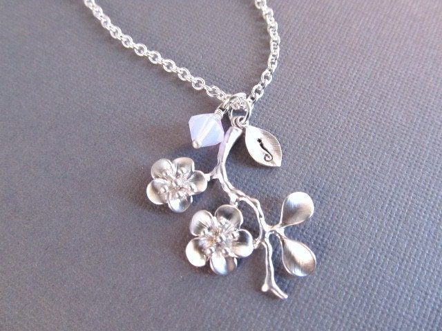 Personalized Necklace, Silver Branch with Birthstone and Leaf Initial Charms, Birthstone Necklace, Cherry Blossom, Engraved Jewelry