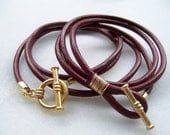 Maroon Leather Bracelet with Gold Toggle, Leather Wrap Bracelet, Friendship Bracelet, Cranberry Leather Bracelet