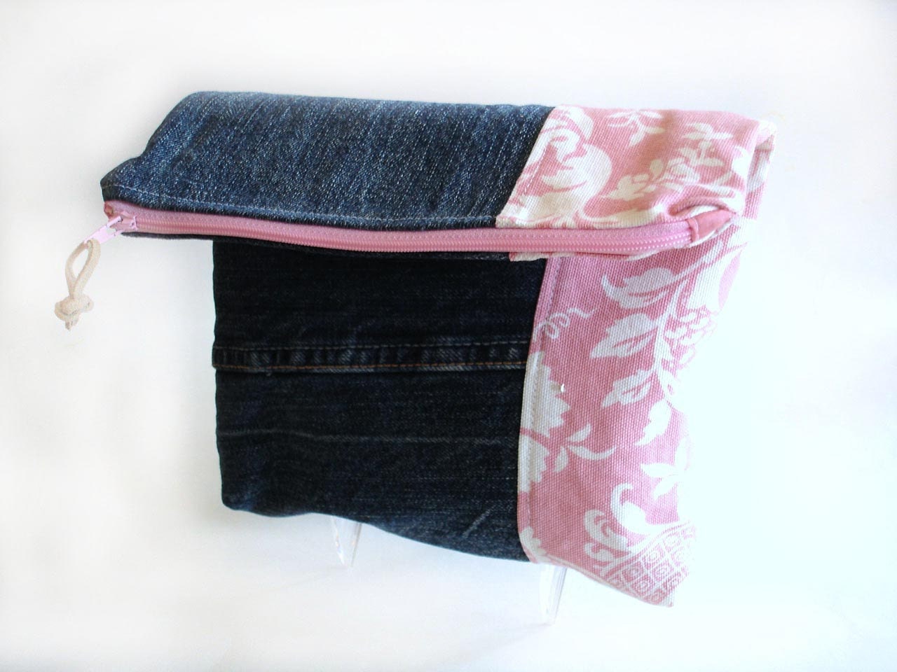 Recycled denim clutch spring fashion handbag color block pink modern upcycled jeans fold over bag