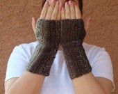 Portrait: Wool Blend Crochet Fingerless Gloves for Men or Women - Variegated Ivory, Beige, Bronze, Brown Fingerless Gloves, Arm Warmers