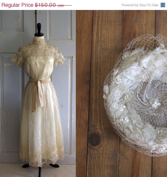 Vintage 1970s Wedding Dress 70s Doing 1940s Embroidered Ivory Dress Tea Length with Hat Womens Size Small Medium