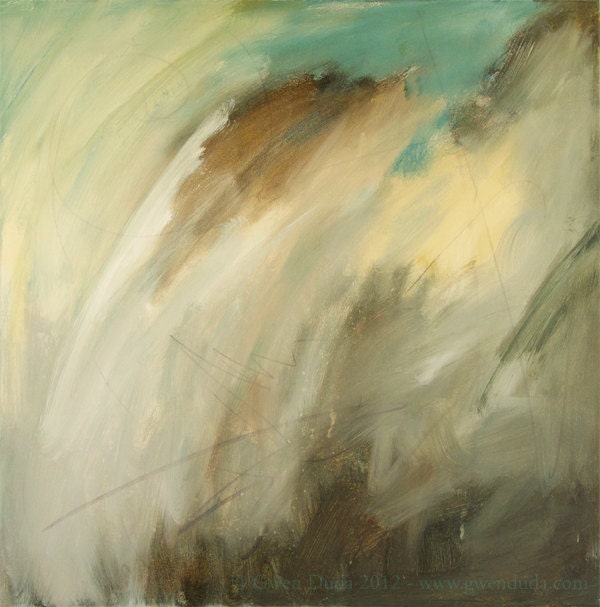 Large Abstract Painting Acrylic 24 x 24 emerald green brown greens gold blue artist Gwen Duda