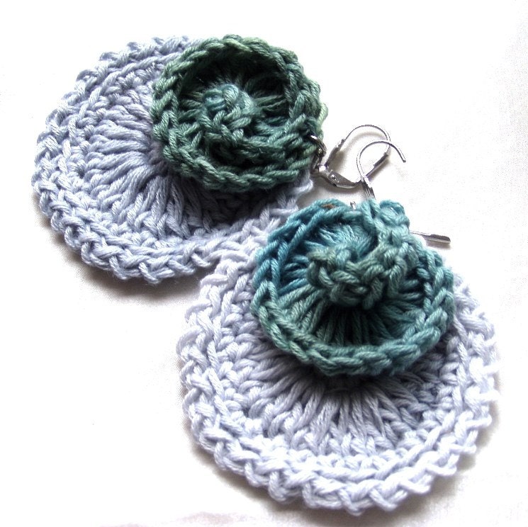 Belladona Dangle Big Crocheted Round Teal Rose Earrings