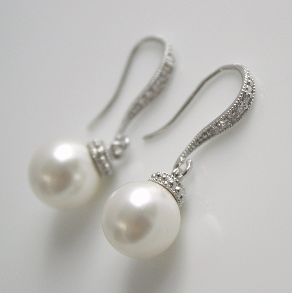 Pearl Jewelry Pearl Earrings Cubic Zirconia Bridal Earrings Silver White Swarovski Round Pearl Drops Wedding Jewelry - poetryjewelry