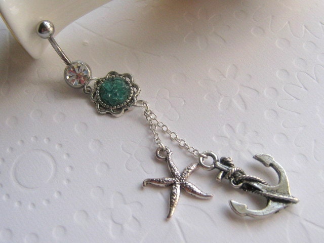 Choose Your Color, Anchor and Starfish Belly Button Ring, Belly Button Jewelry, Navel Ring, Dangle Belly Ring