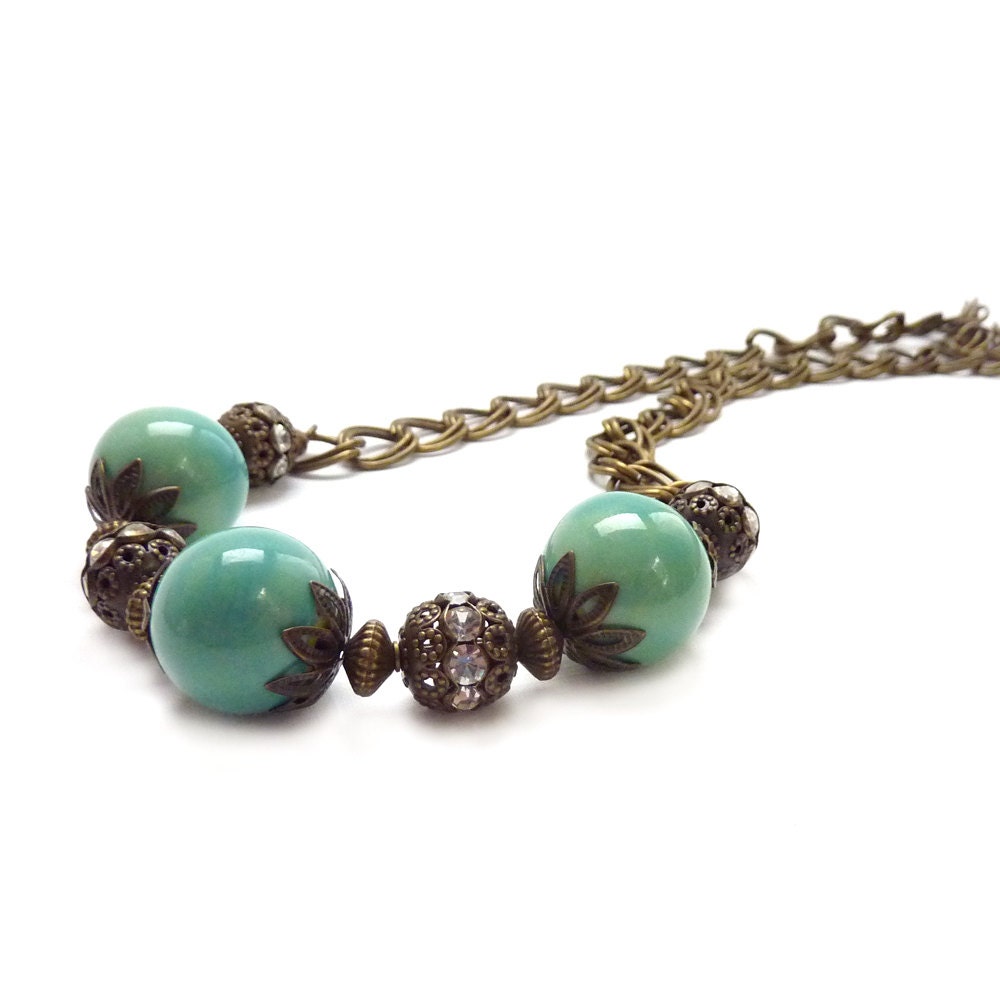 Turquoise Statement Necklace, Chunky, Single Strand, Bronze Filigree, Vintage Inspired Bronze Chain, Turquoise Blue Necklace