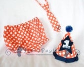 Cake Smash Outfit in Orange Dot includes Party Hat, Tie, and Diaper Cover - ORIGINAL Design by StacyBayless