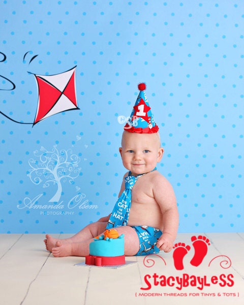 3 PIECE SET Dr. Seuss Party Hat - Diaper Cover - Necktie for Cake Smash or First Birthday - Baby - Boys