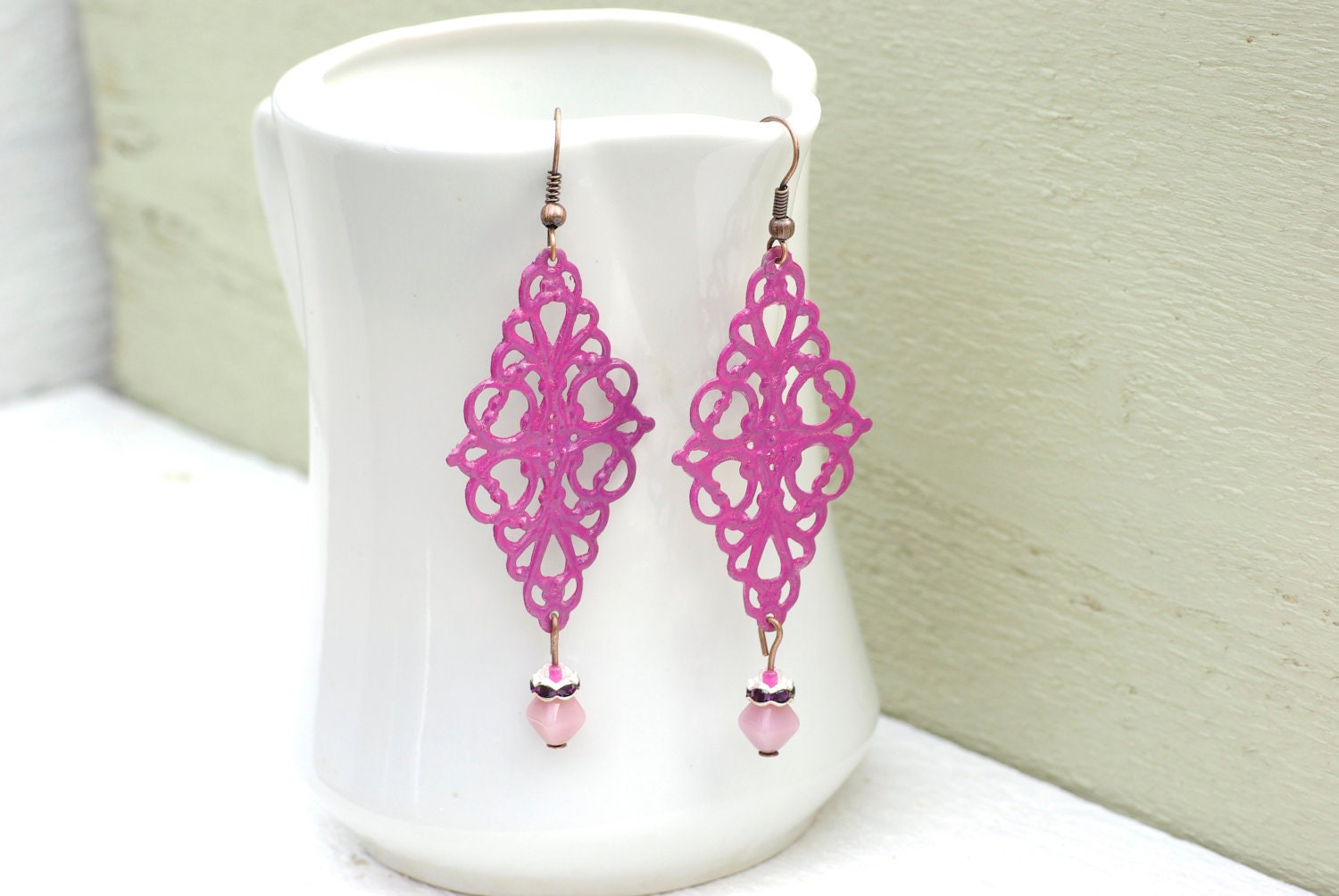 Copper Metal Earrings, Long Dangle Earrings, Metal Filigree Earrings, Pink Metal Earrings, Pink Earrings, Hot Pink Earrings