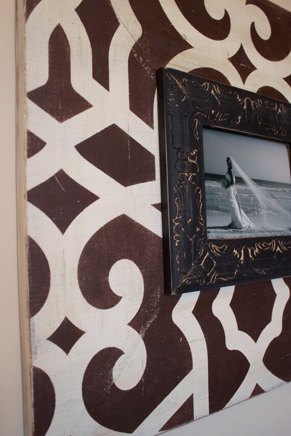 Fretwork Distressed 5x7 Wood Picture Frame with 8" Wood Espresso and Vintage Cream with Black Embossed Trim