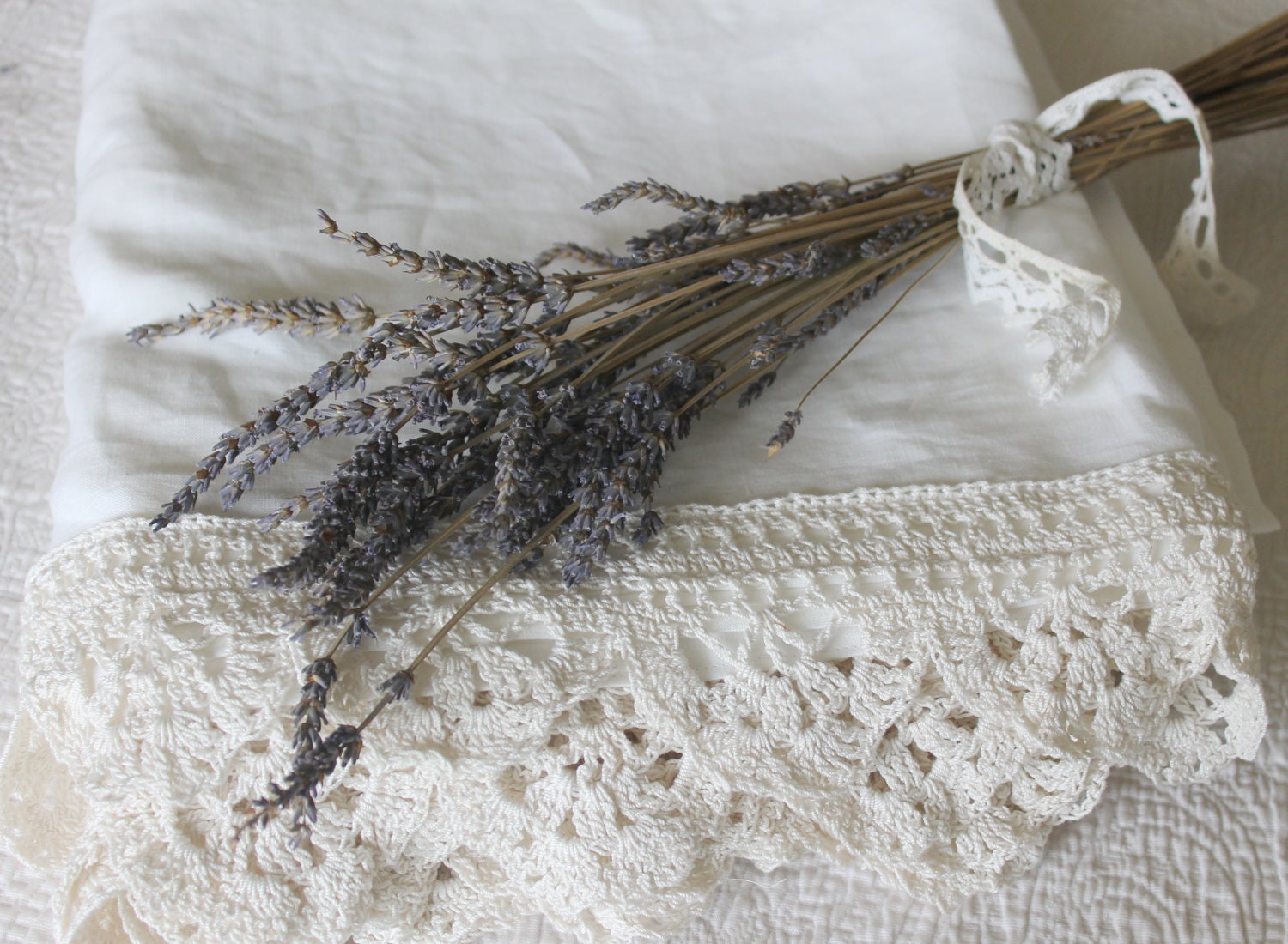 Shabby Chic Bedding Heirloom Collection Linen Pillowcase with Hand Crocheted Edges Off White Linen