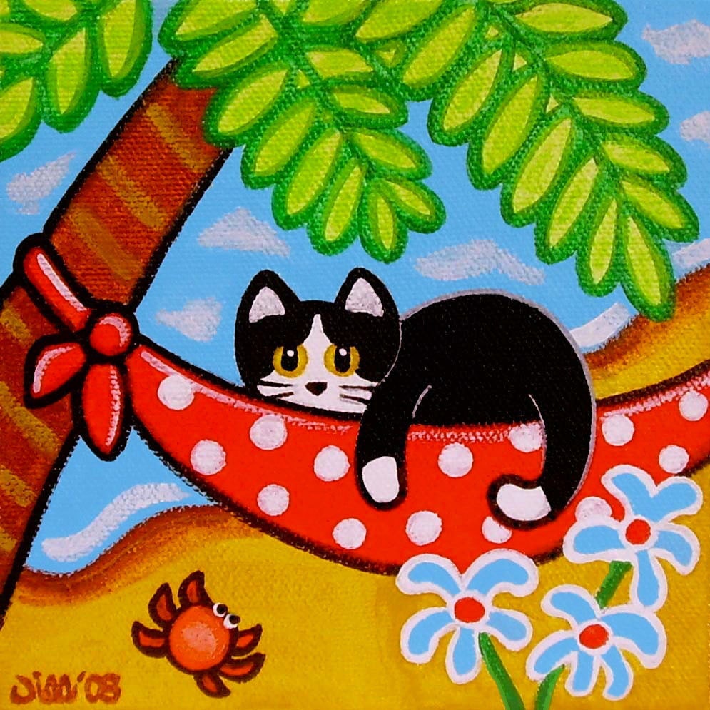 Tropical Tuxedo CAT on HAMMOCK by the Beach Art PRINT from Original Painting by Jill
