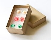 3 Flower Earring Sets - Floral Earrings, Pink Peach Dahlia, Mint Turquoise Green Rose, Cream Rose Earrings, Girl Christmas Gift