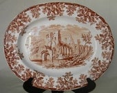 Copeland Spode circa 1880 Ruins Brown Transferware Platter Oak Leaves Acorns Abbey Ruins