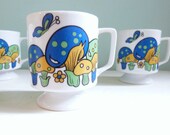Vintage Blue and Green Mushroom Mugs Set of Six Butterfly Psychedelic Kitsch Woodland Tea Coffee Stackable