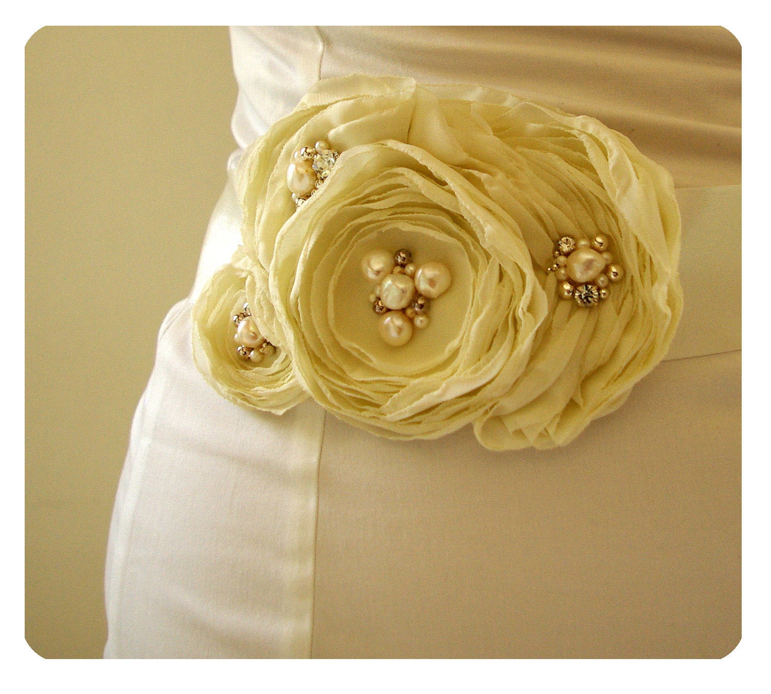 Wedding Dress Sash - Ivory Bridal Sash. Chiffon Flower Bridal Sash Belt for Bride or Bridesmaid. Sash for Romantic Wedding. Silver or Gold