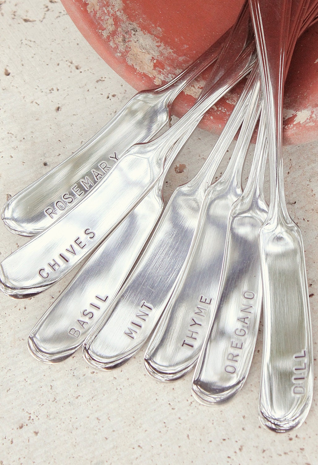 Garden Markers. Herb Markers Set of 4. Hand Stamped Silverware Plant Markers, Basil, Rosemary, Oregano, Thyme