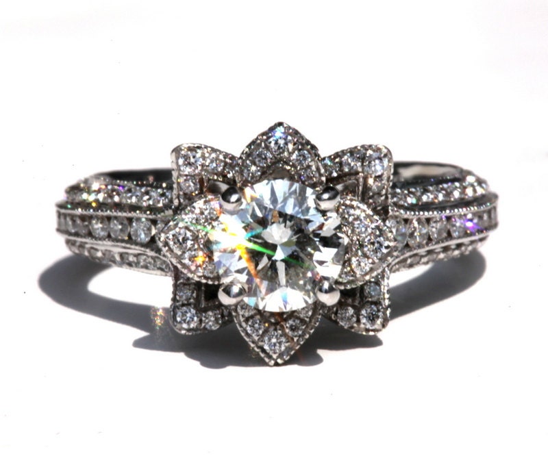 MILGRAIN - Gorgeous UNIQUE Flower Lotus Rose Diamond Engagement Ring - 2.50 carat - 14K white, rose, yellow gold - custom - art deco - fL04