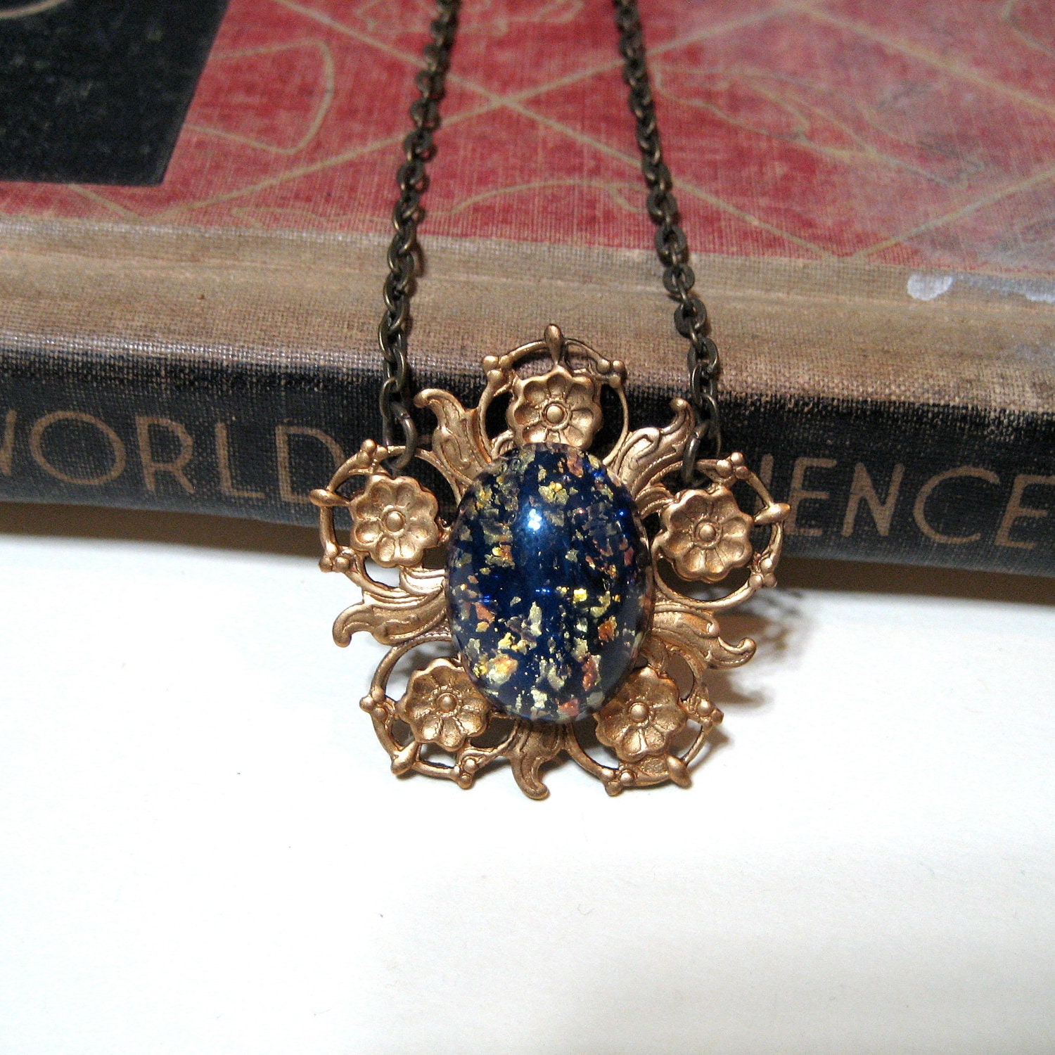 Vintage Blue Harlequin Opal Filigree Flower Necklace - Brass - WWII Japan