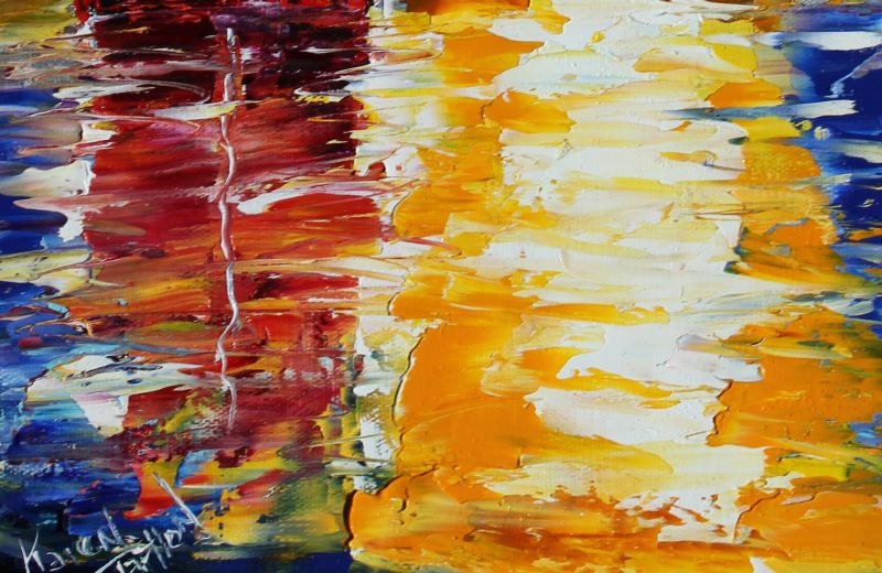 Original oil painting Sunset Sail Boat palette knife impressionism on canvas fine art by Karen Tarlton