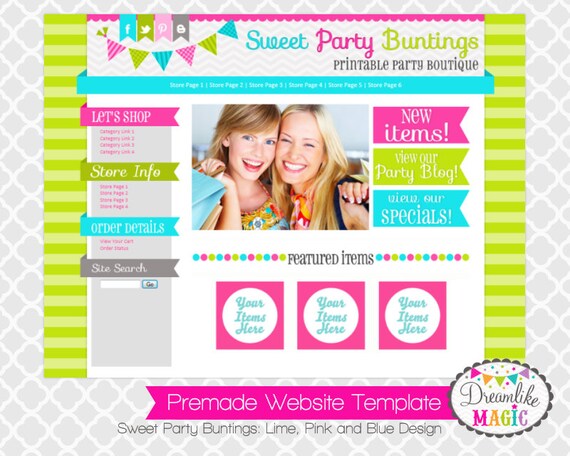 Premade Website Template: Sweet Party Buntings Design Il_570xn