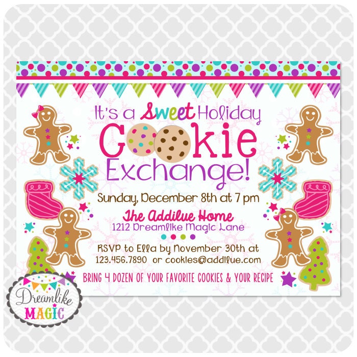 Printable Party Invitation- Whimsical Sweet Cookie Exchange Invite FREE bonus tent display cards and recipe card design