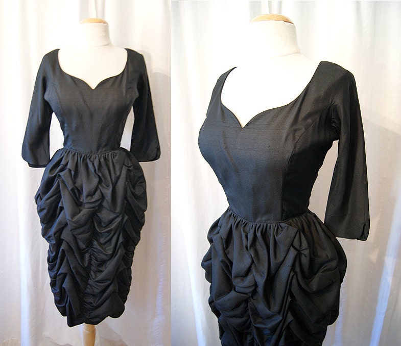 Chic 1950's black silk wiggle cocktail dress with draped skirt classic party dress holiday bombshell - size Medium