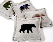Maine Balsam Fir Linen Sachet with Appliqued Bear, Balsam Fir Bear Pillow, Black Bear Sachet