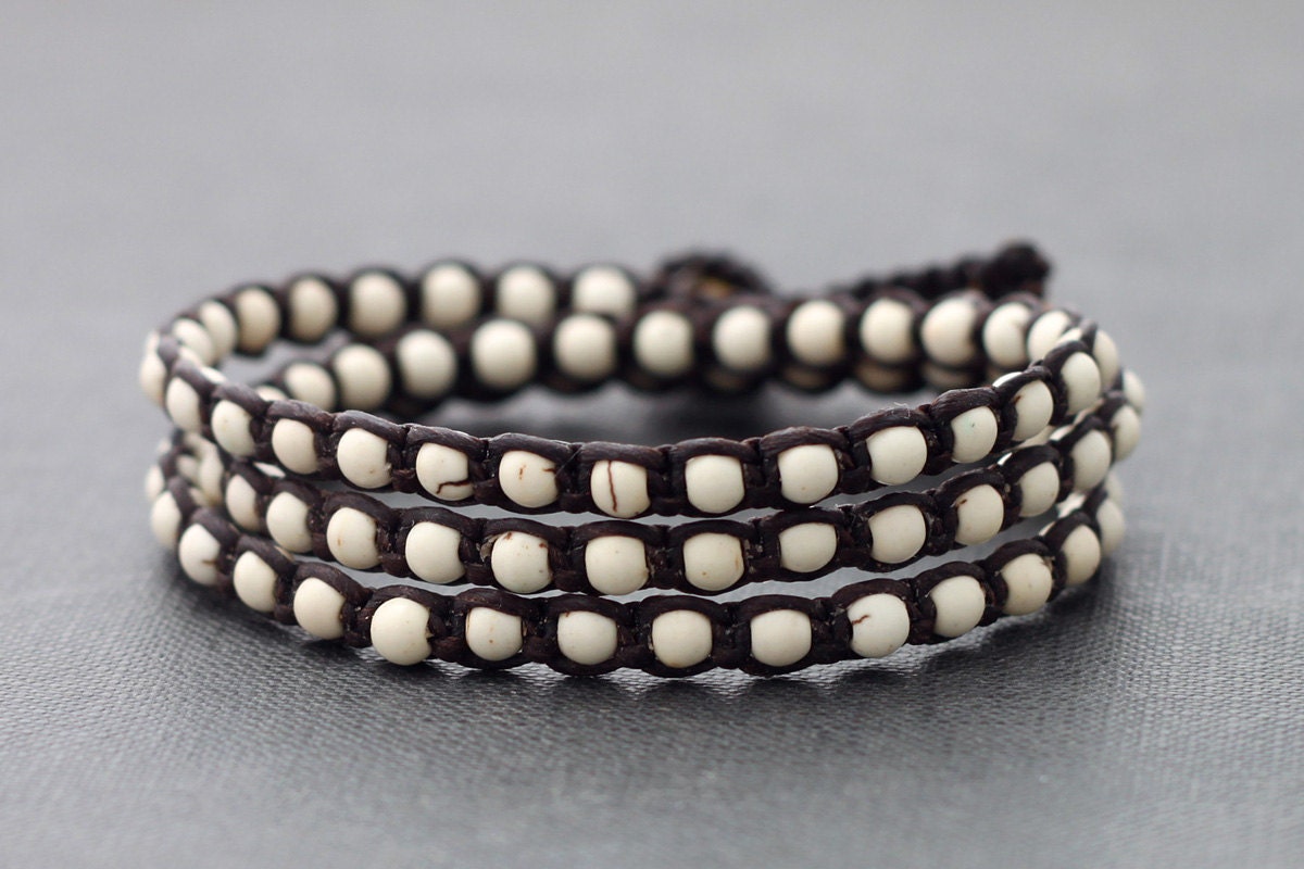 White Turquoise Triple Wrap Unisex Bracelet Anklet